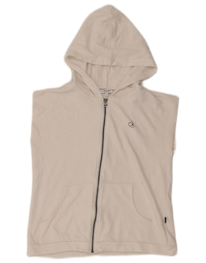 Suéter feminino com capuz e zíper gráfico Calvin Klein UK 12 médio branco