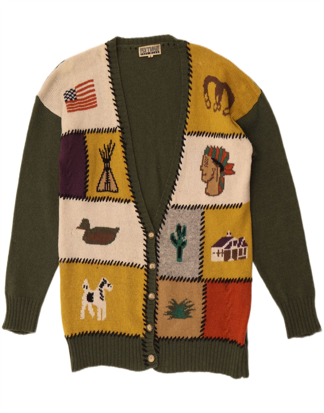 Suéter cardigã gráfico feminino vintage Reino Unido 16 grande lã verde patchwork