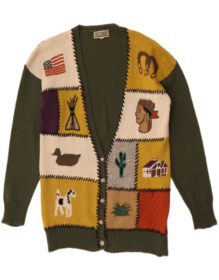 Suéter cardigã gráfico feminino vintage Reino Unido 16 grande lã verde patchwork