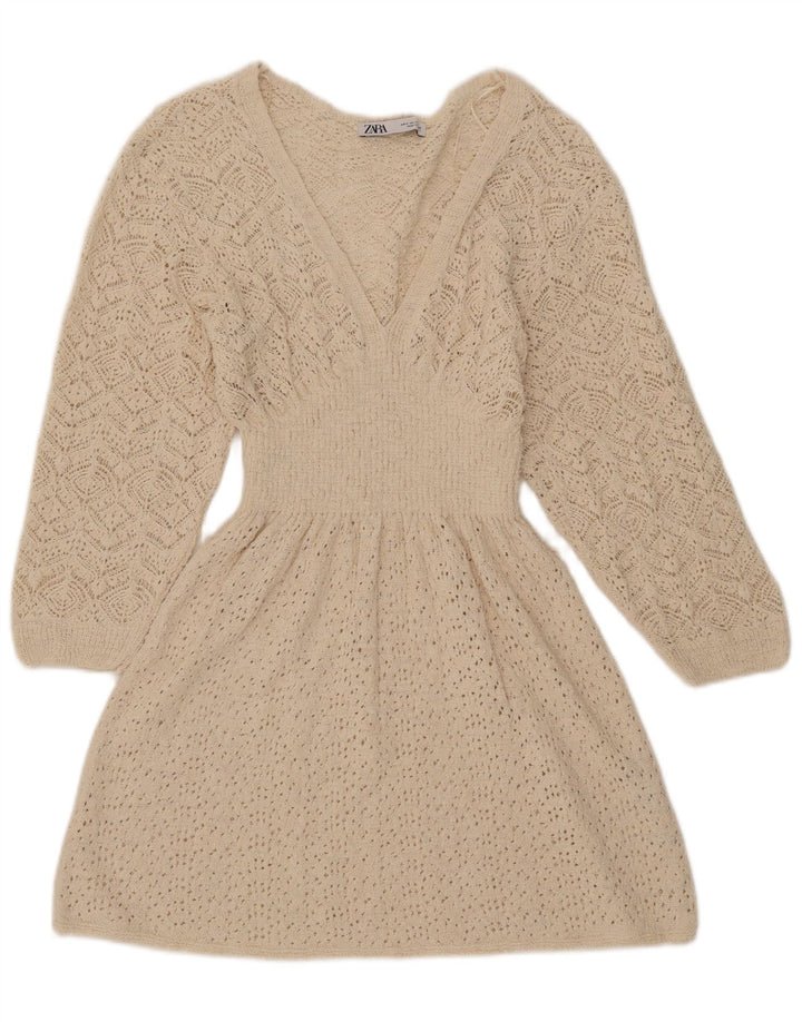 Zara Vestido feminino manga 3/4 Reino Unido 12 médio branco poliéster