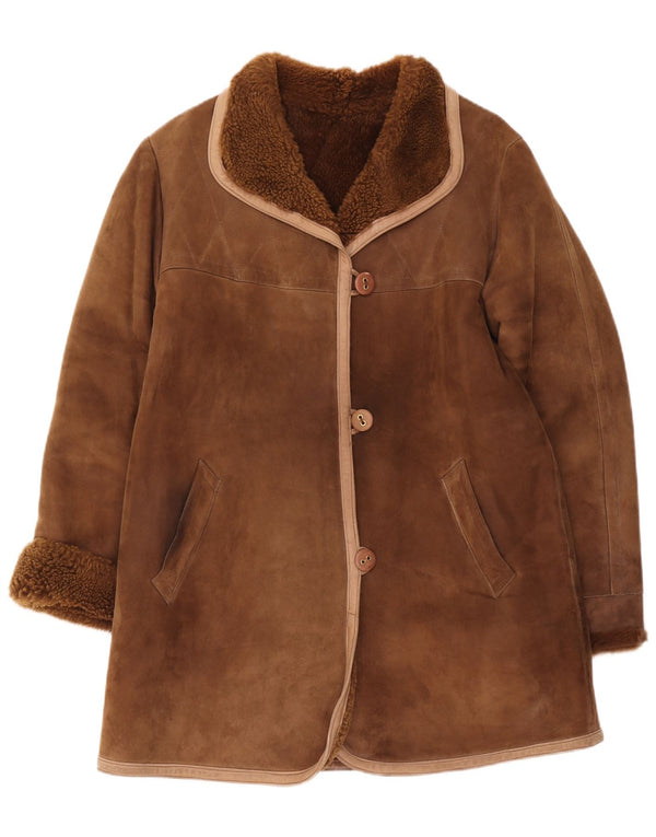 Casaco feminino vintage de shearling UK 12 marrom médio