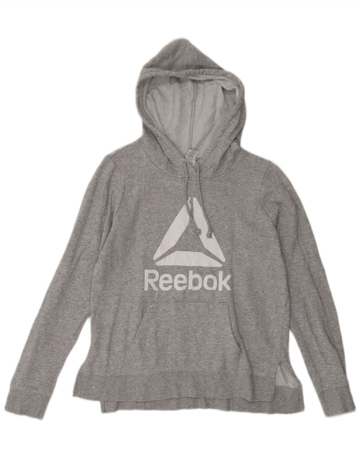 REEBOK feminino gráfico moletom com capuz UK 14 algodão manchado cinza médio