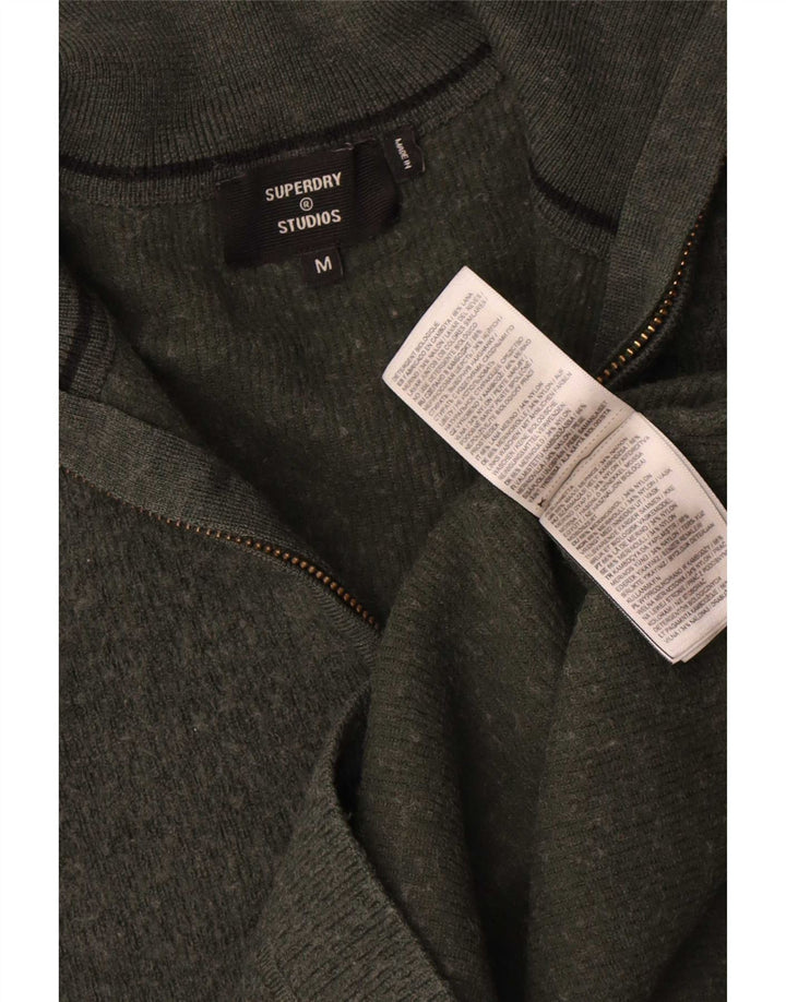 Suéter masculino Superdry com zíper e gola média, lã Merino cáqui média