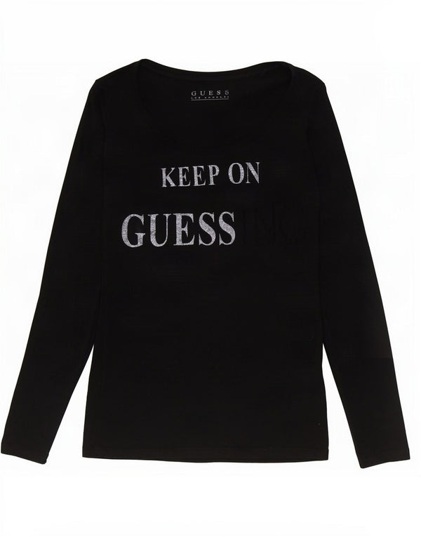 Guess Top gráfico feminino manga comprida UK 4 XS algodão preto