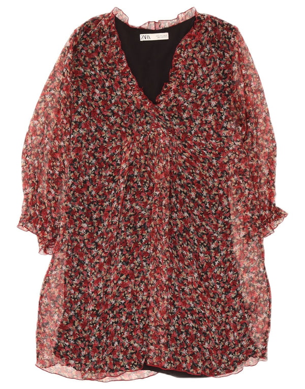Vestido feminino de manga comprida Zara UK 10 pequeno poliéster floral vermelho