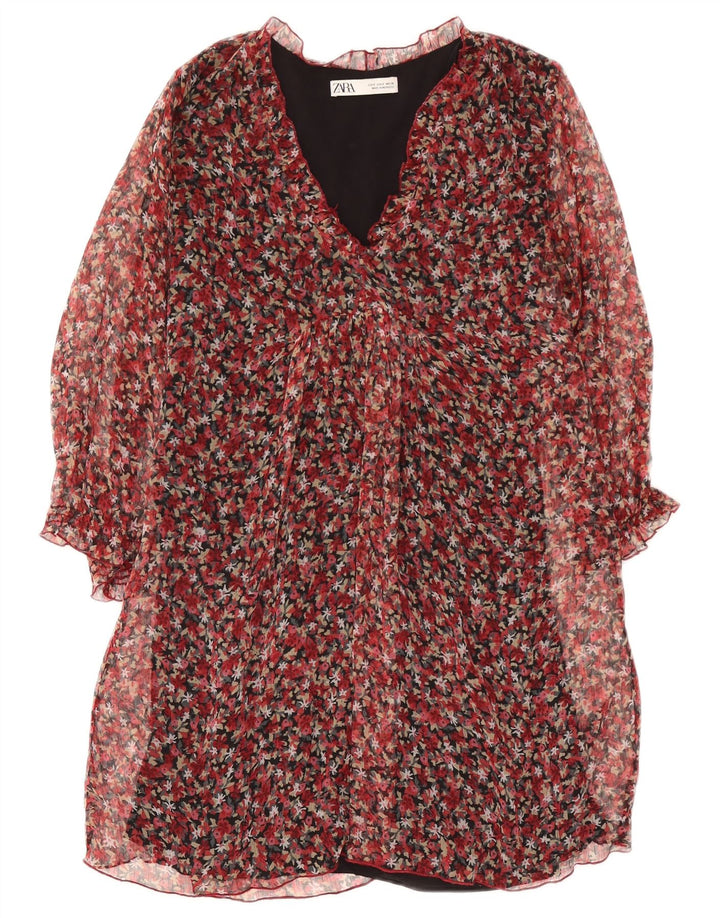Vestido feminino de manga comprida Zara UK 10 pequeno poliéster floral vermelho