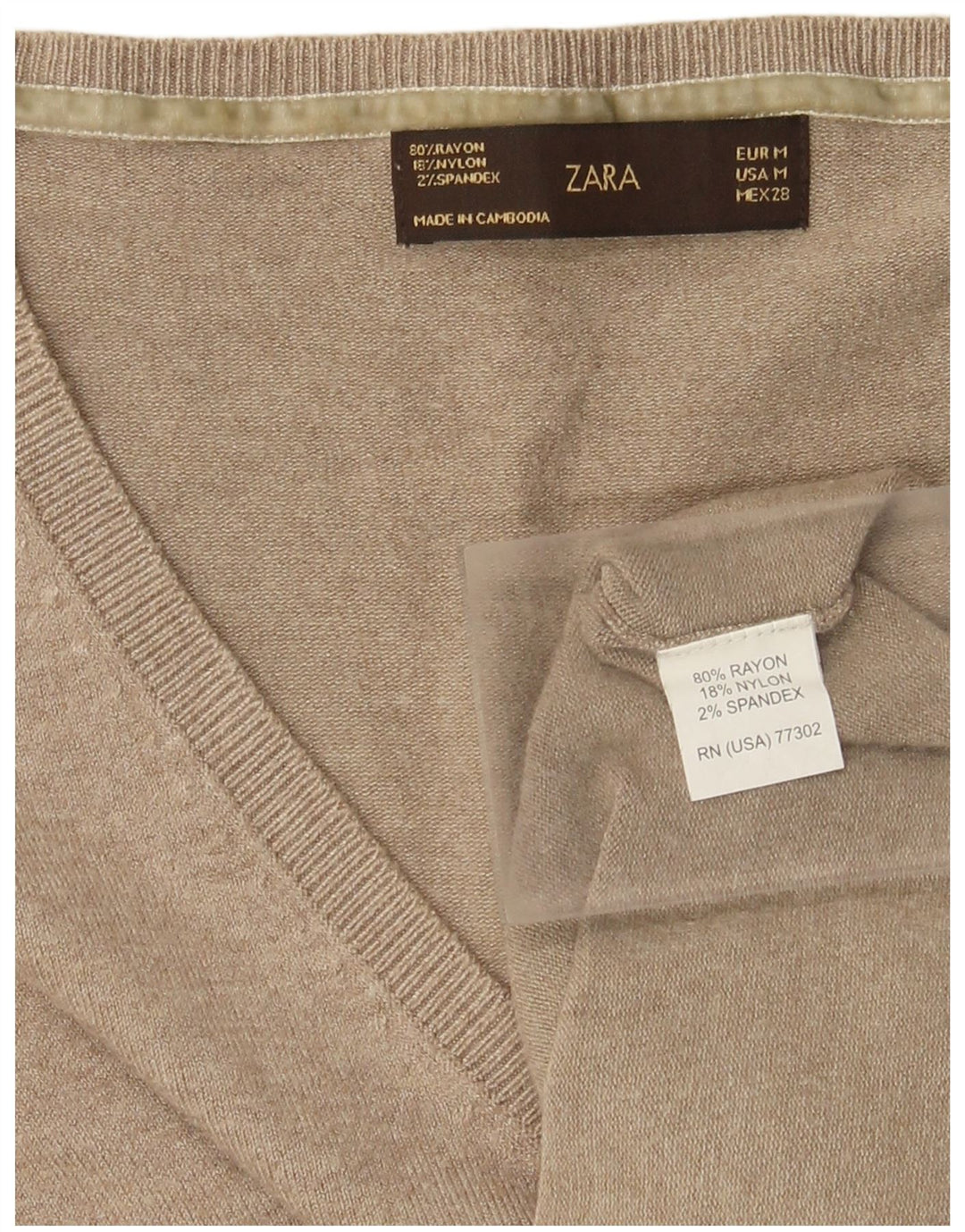 Suéter feminino Zara com decote em V Reino Unido 12 médio bege rayon