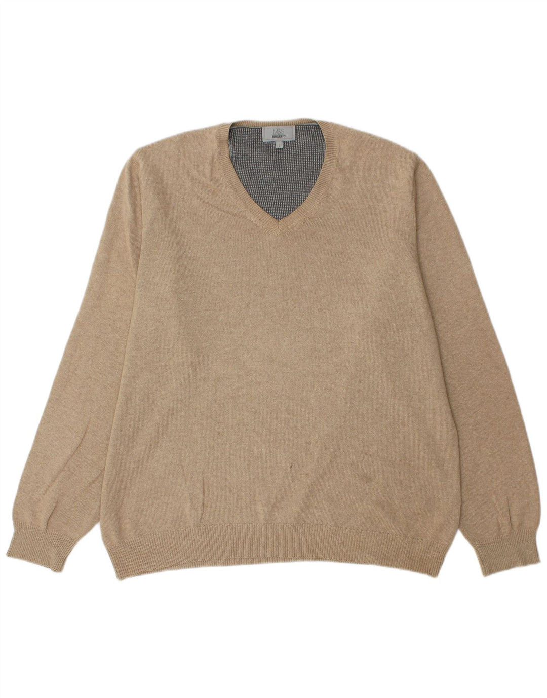 Suéter masculino Marks & Spencer com ajuste regular e decote em V, grande algodão bege