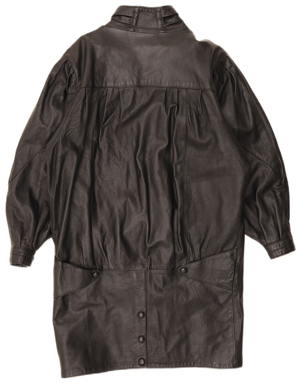 Casaco de couro grande vintage feminino UK 10 pequeno preto