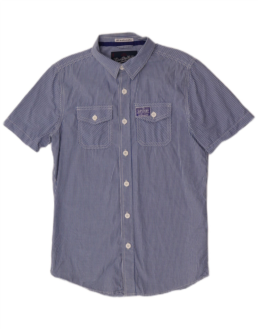 Camisa masculina Superdry de manga curta azul médio algodão guingão