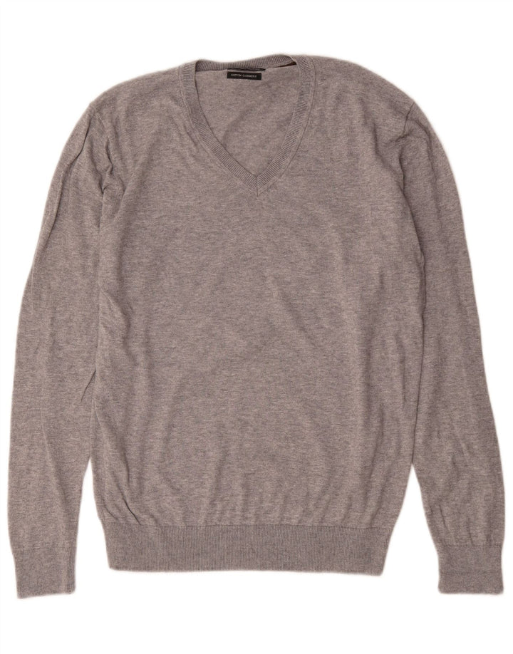 Suéter masculino Zara com decote em V grande algodão manchado cinza