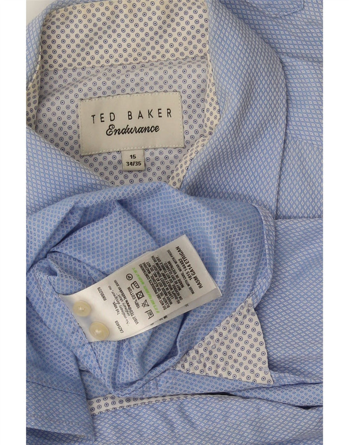 Camisa masculina Ted Baker tamanho 15 algodão geométrico azul médio