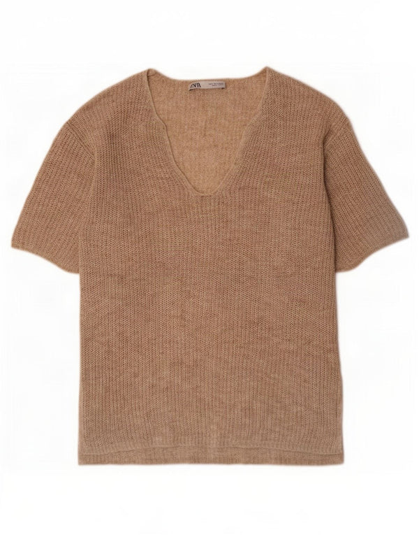Zara Womens Oversized V-Neck Jumper Sweater UK 10 Small Beige Flecked
