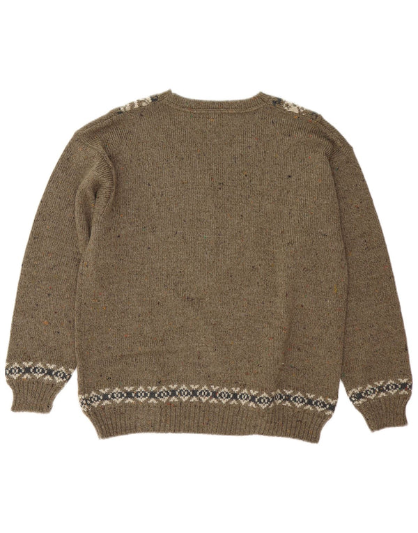 Suéter masculino vintage com decote em V médio cáqui Fair Isle