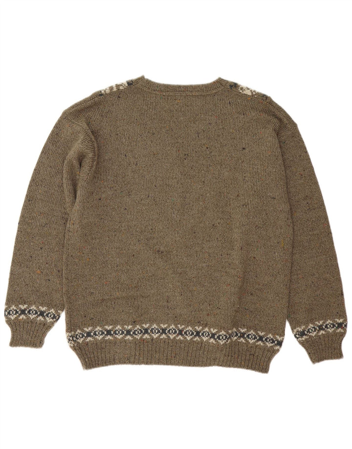 Suéter masculino vintage com decote em V médio cáqui Fair Isle