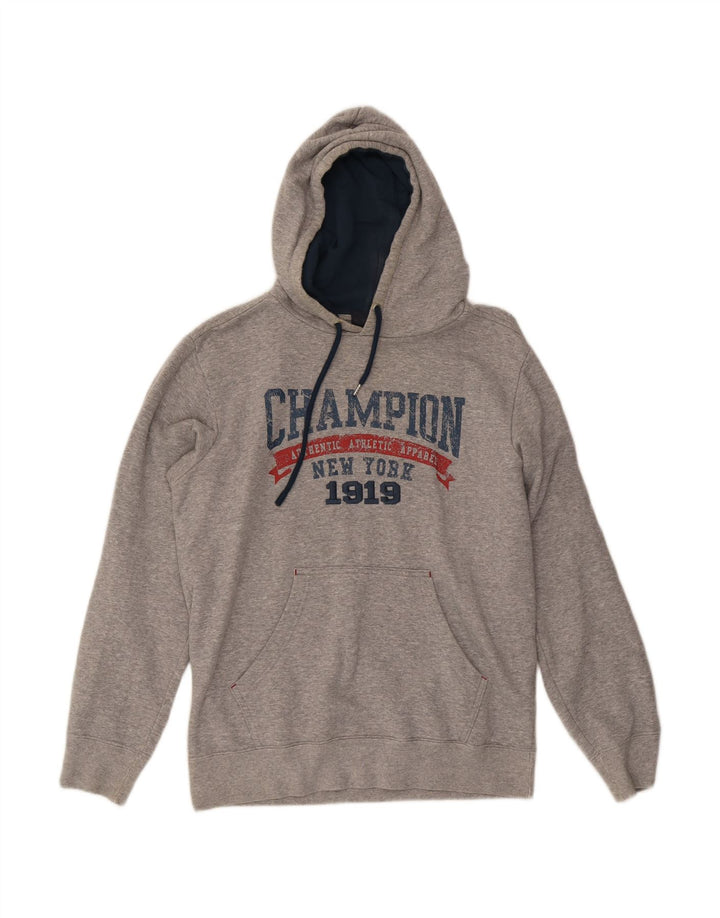 CHAMPION Suéter com capuz gráfico masculino cinza médio