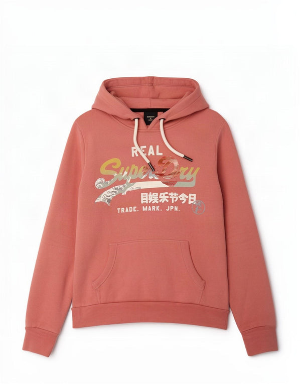 Suéter com capuz gráfico feminino Superdry UK 12 algodão rosa médio