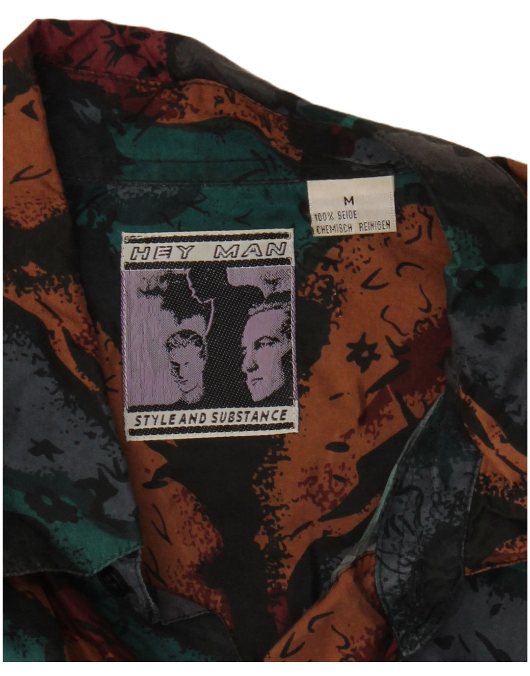 Vintage masculino abstrato Padrão camisa de manga curta seda multicolorida média