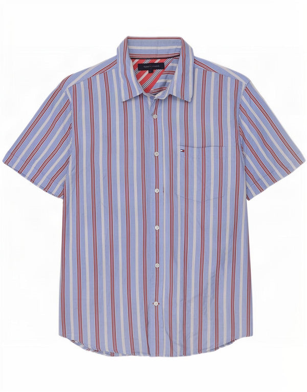 Camisa masculina de manga curta Tommy Hilfiger grande algodão listrado azul