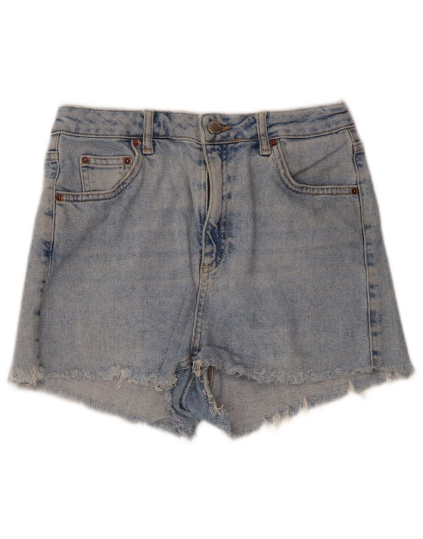 Shorts jeans feminino Topshop Mom Distressed UK 10 pequeno W28 algodão azul