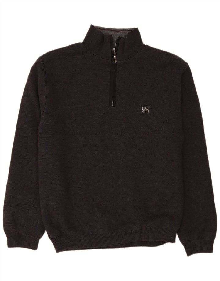 Suéter vintage masculino com zíper e gola alta de lã preta grande