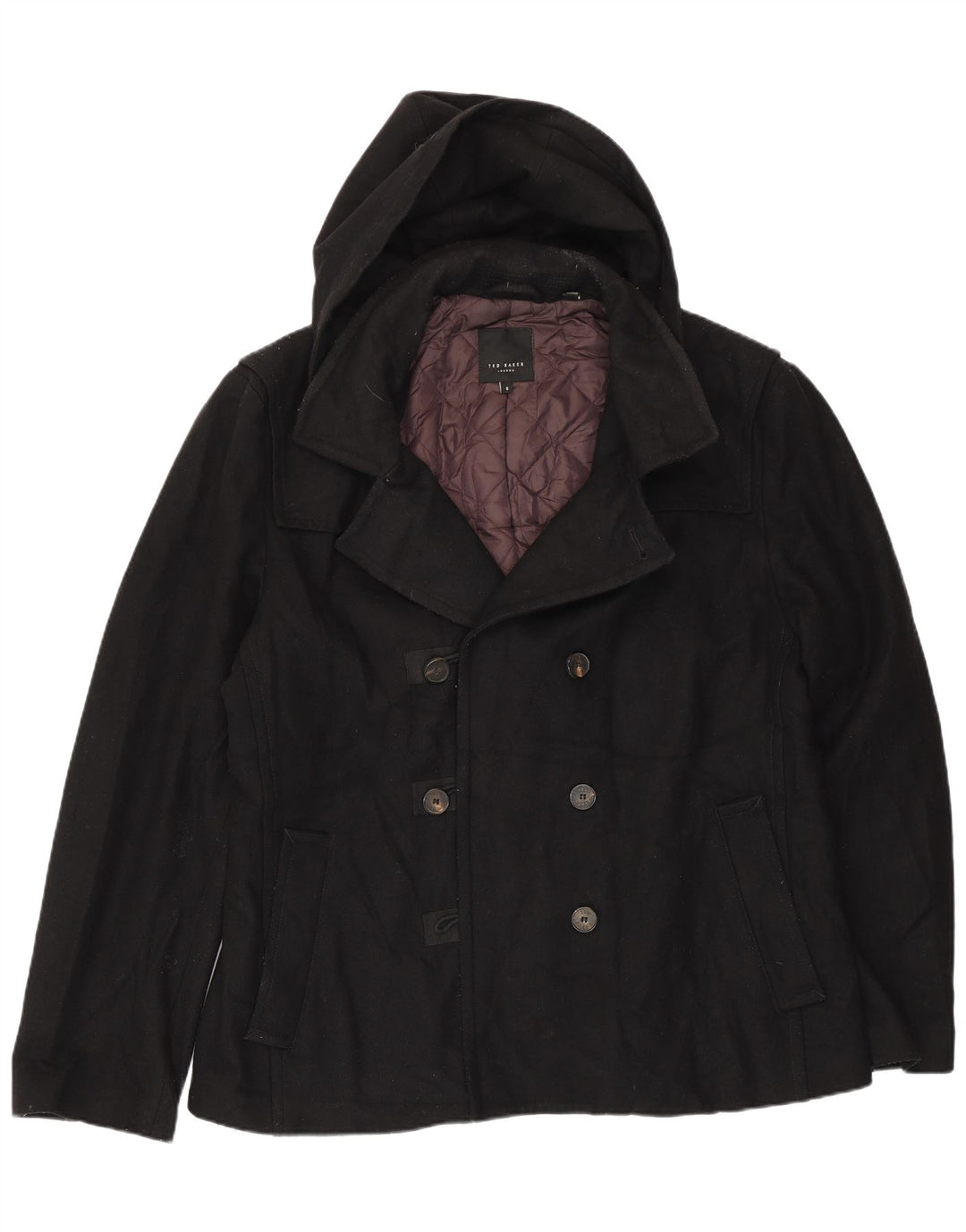 Casaco masculino Ted Baker com capuz ervilha tamanho 6 XL lã preta