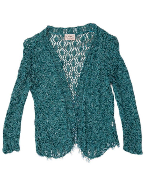 Cardigan de crochê feminino romano UK 16 grande viscose geométrica azul