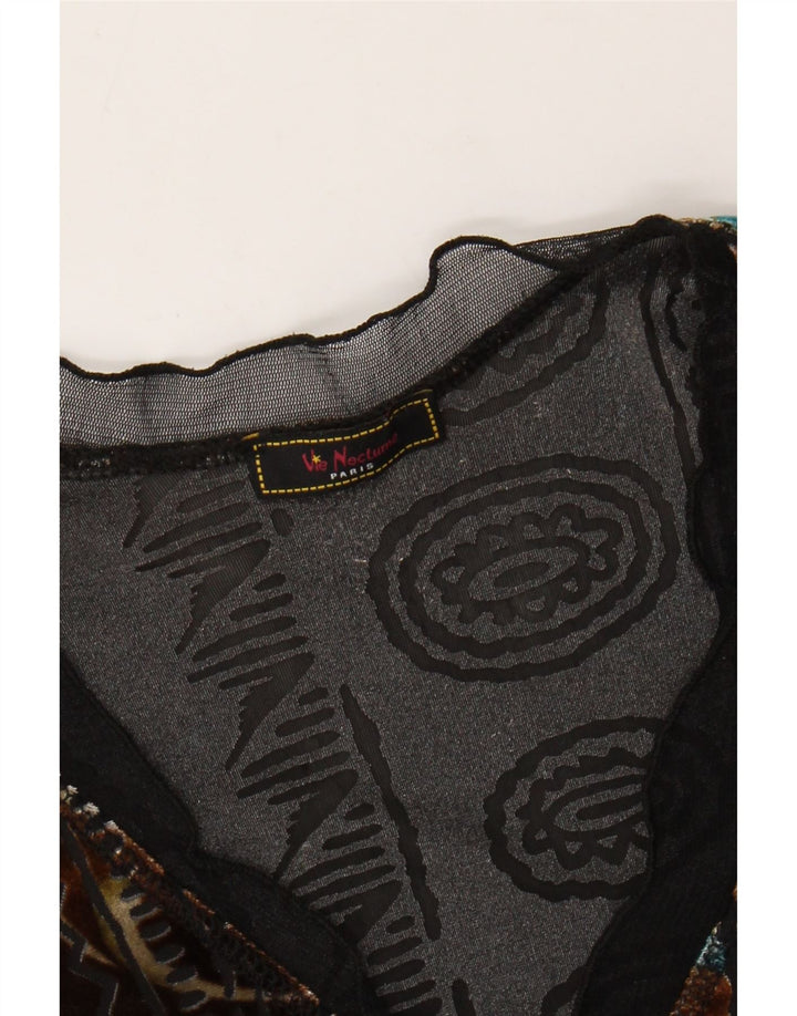 Top de veludo feminino vintage manga longa Reino Unido 6 XS floral multicolorido