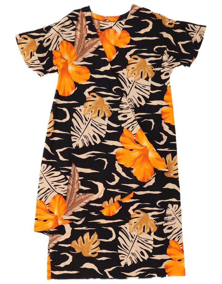 Vestido feminino vintage UK 14 algodão floral preto médio