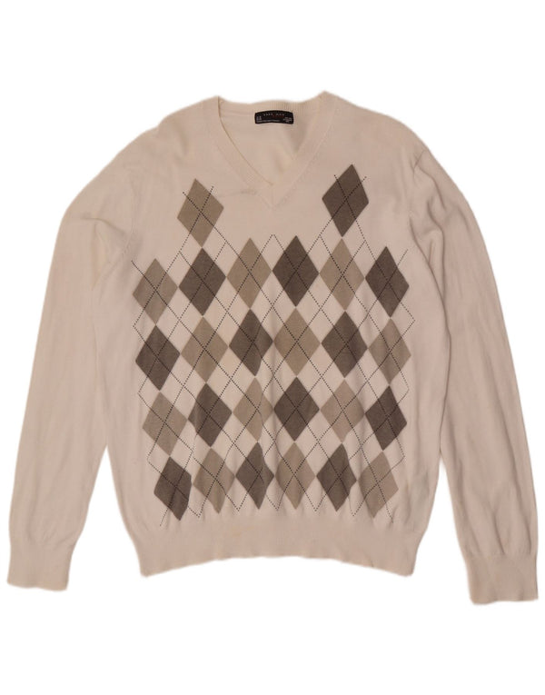 Suéter masculino Zara com decote em V XL branco Argyle/algodão diamante
