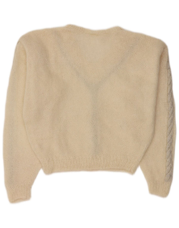 Suéter feminino vintage com decote em V UK 12 médio off white