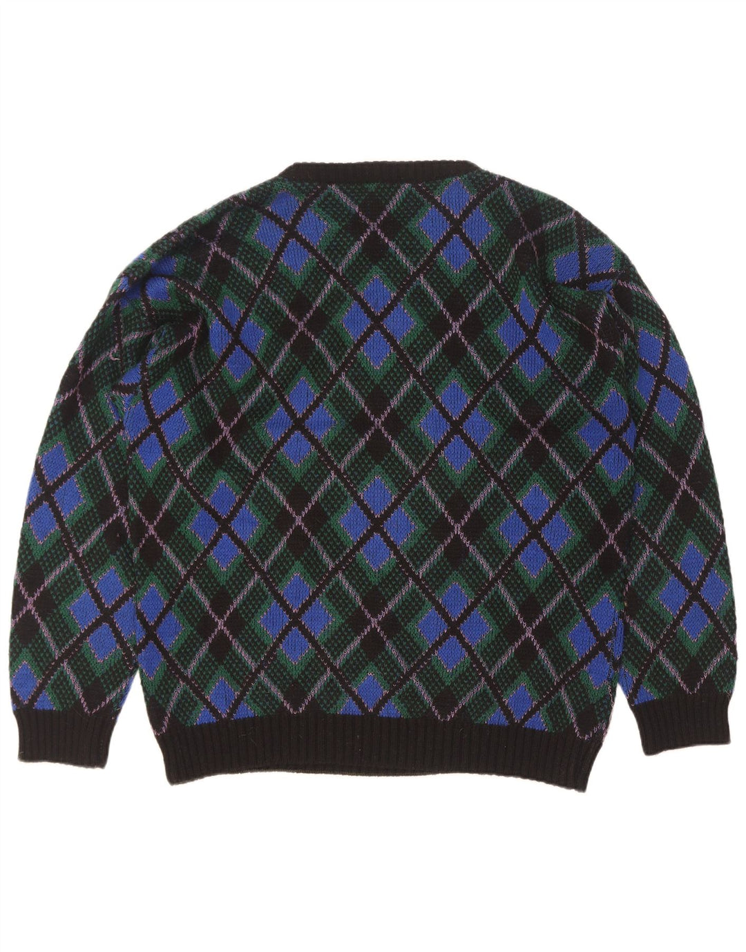 Suéter vintage masculino com gola redonda XL azul Argyle/lã diamante