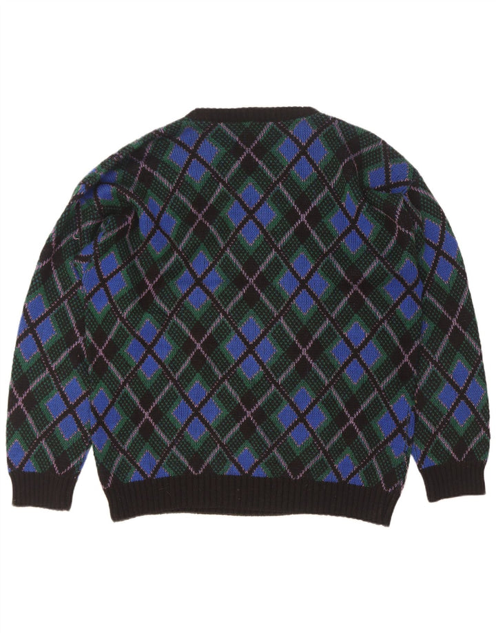 Suéter vintage masculino com gola redonda XL azul Argyle/lã diamante