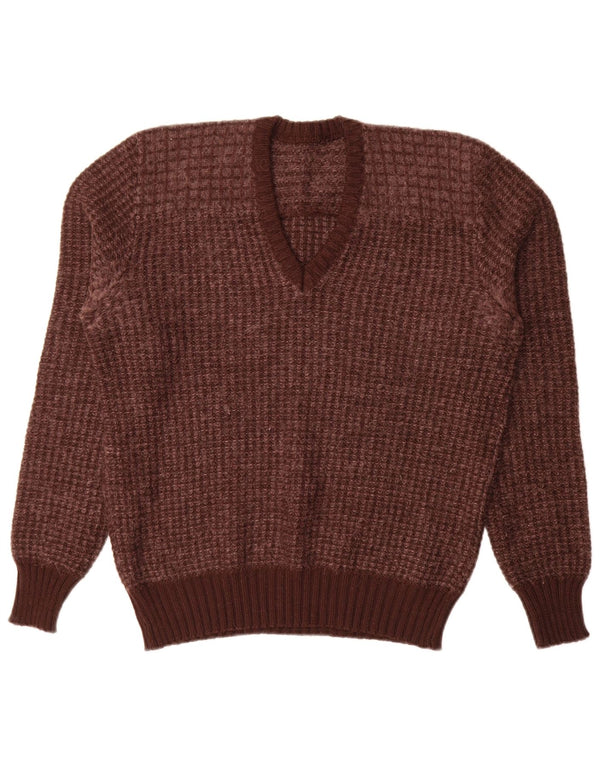 Suéter feminino vintage com decote em V IT 52 2XL lã virgem geométrica marrom