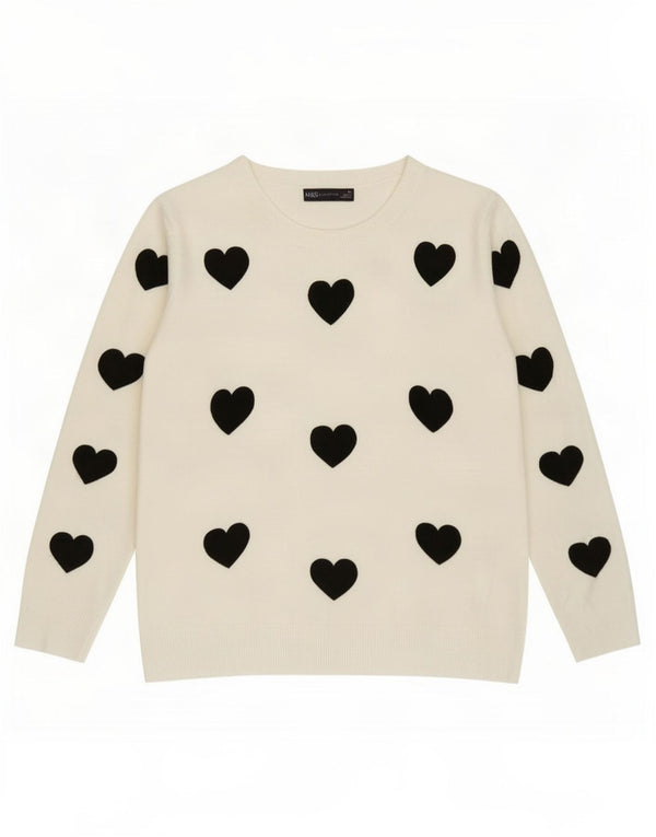 Suéter feminino Marks & Spencer com gola canoa e coração branco grande UK 14