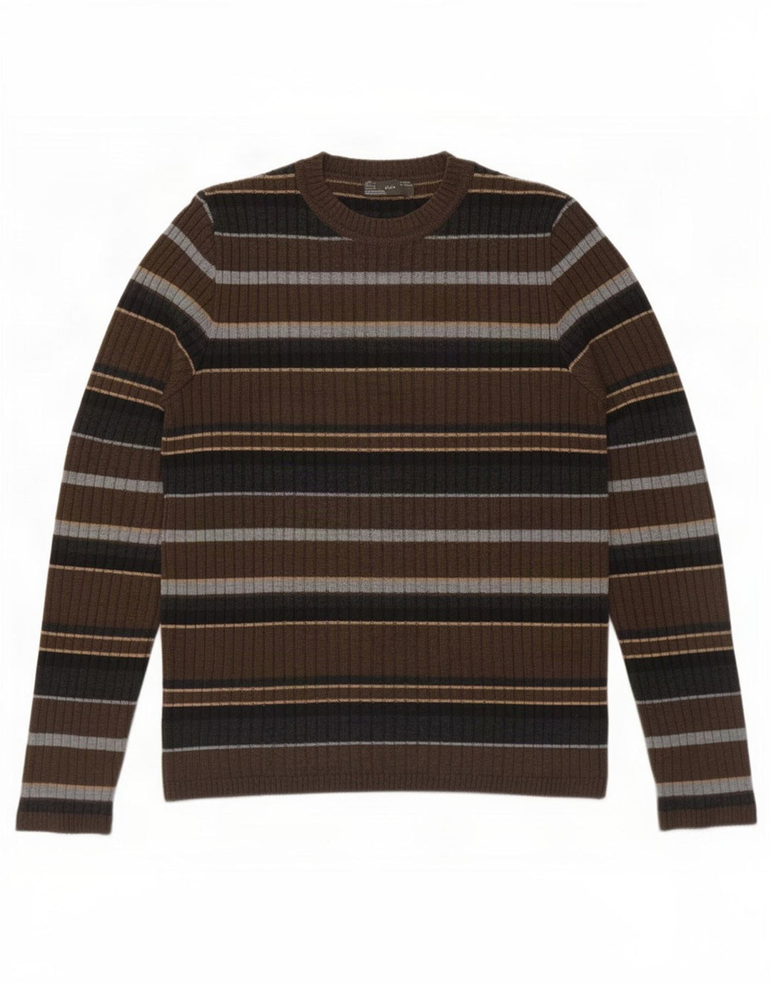 Zara Suéter masculino com gola redonda, grande lã listrada marrom