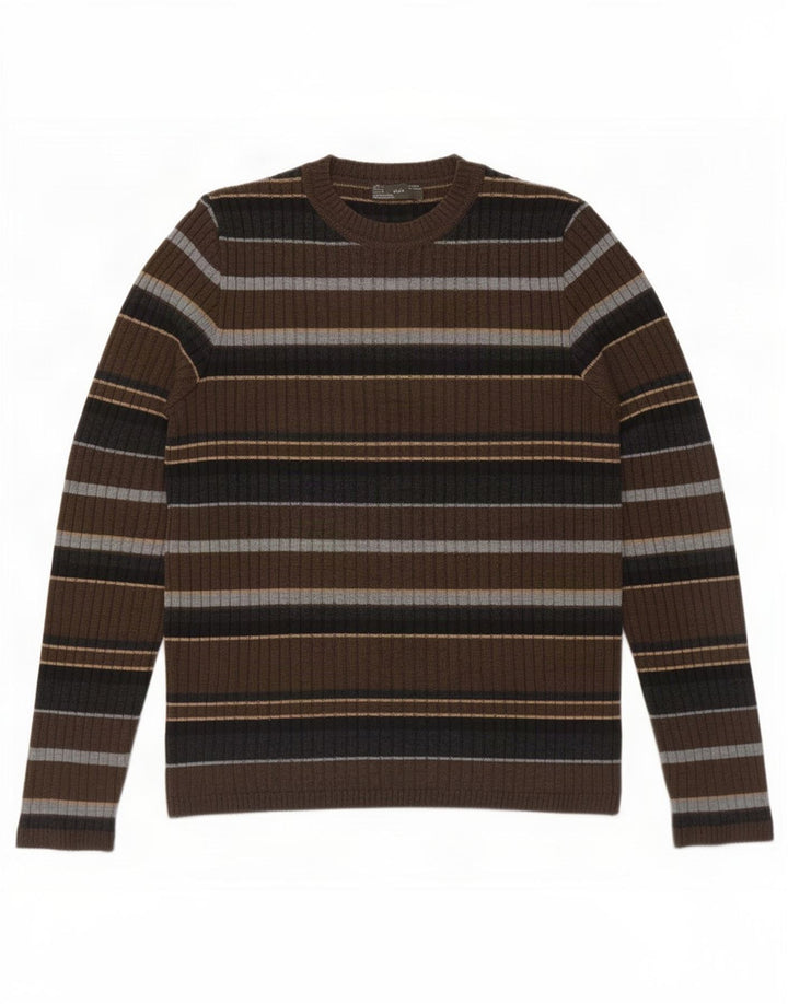 Zara Suéter masculino com gola redonda, grande lã listrada marrom
