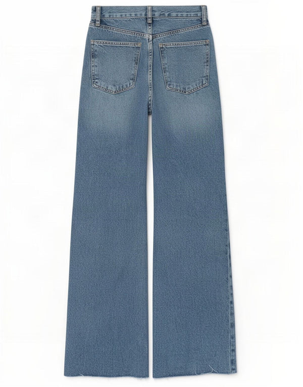 Zara Calça jeans feminina cintura alta desgastada com perna larga EU 36 XS W26 L33 azul