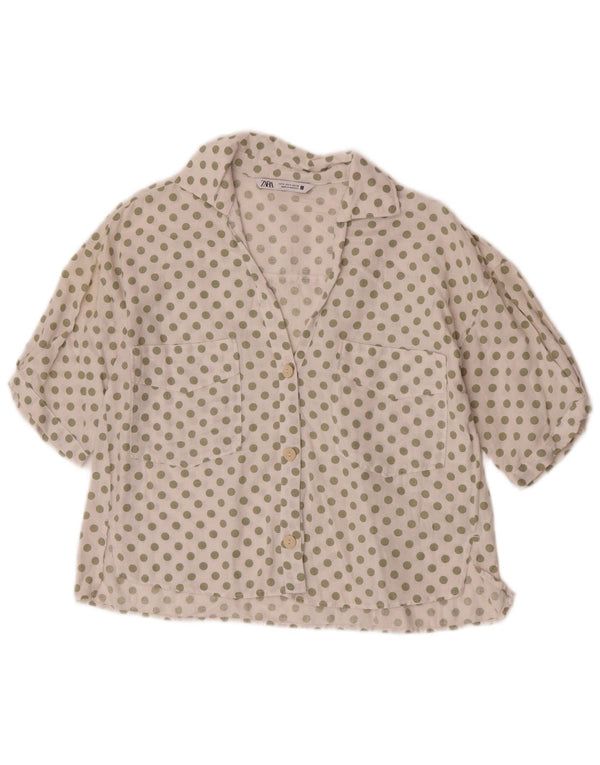 Zara Camisa feminina de manga curta Reino Unido 10 pequena bolinha branca linho