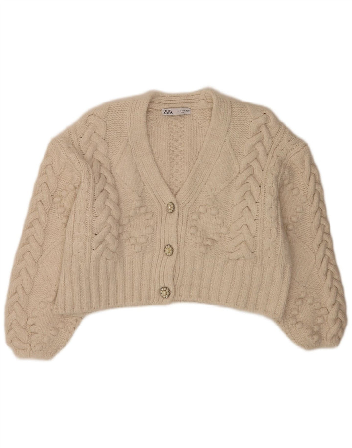 Zara Suéter Cardigan Feminino Crop Oversized Reino Unido 14 Médio Off White Acrílico
