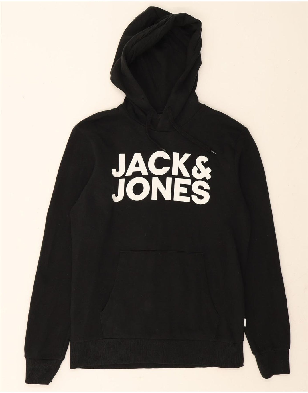 JACK & JONES Mens Graphic Hoodie Jumper Small Black Cotton Vintage Jack & Jones and Second-Hand Jack & Jones from Messina Hembry 