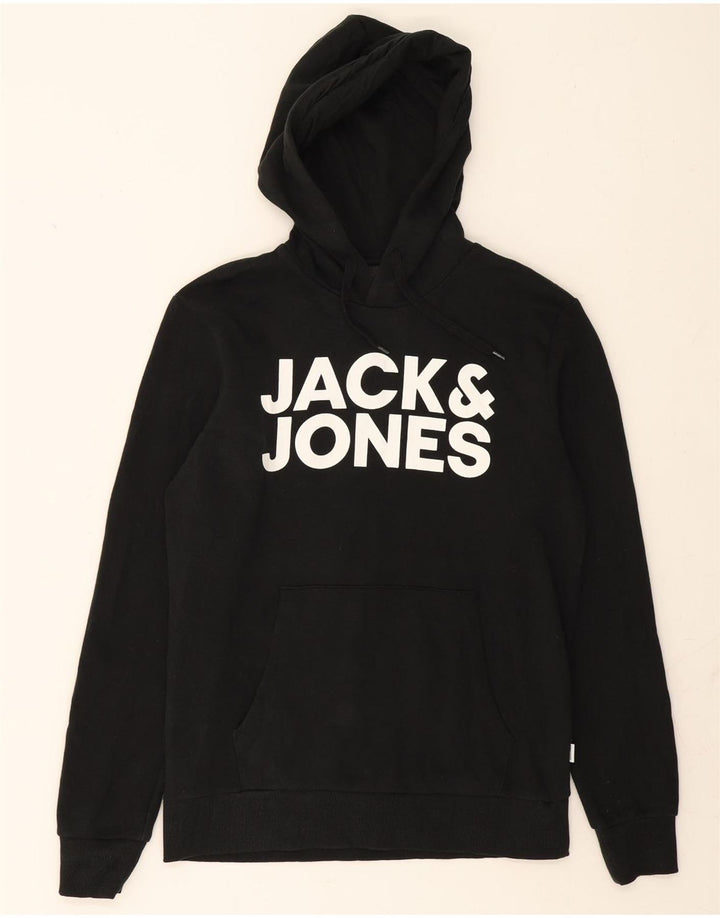 JACK & JONES Mens Graphic Hoodie Jumper Small Black Cotton Vintage Jack & Jones and Second-Hand Jack & Jones from Messina Hembry 