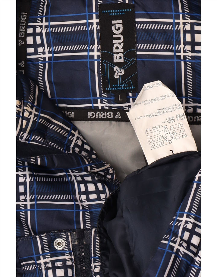 Jaqueta acolchoada com capuz masculina Brugi UK 40 grande poliéster xadrez azul marinho