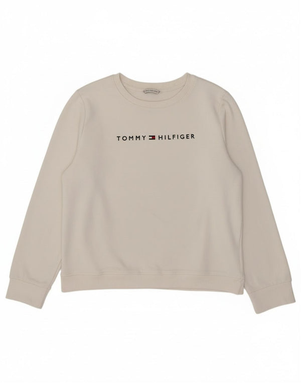 Tommy Hilfiger moletom gráfico feminino jumper UK 14 grande algodão branco