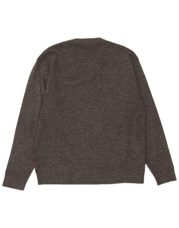 Suéter vintage masculino com decote em V cinza médio Argyle/acrílico diamante