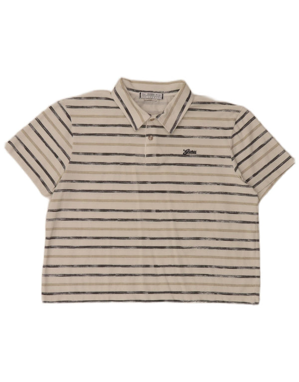 Camisa polo feminina Guess Regular Fit UK 14 grande listrada branca