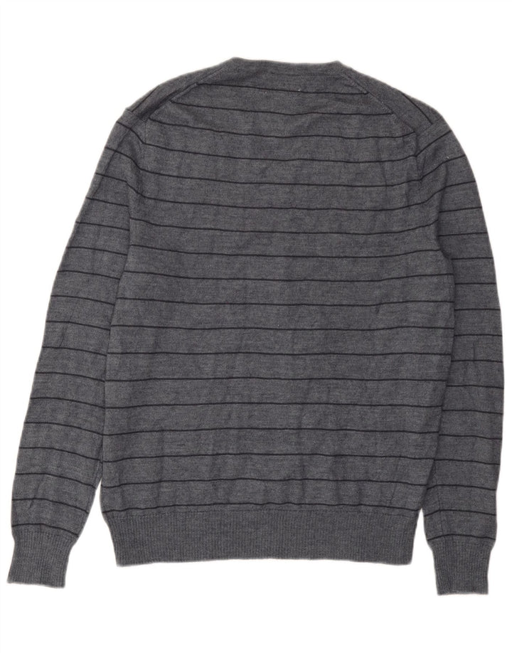 Suéter masculino Calvin Klein com decote em V, lã merino listrada cinza médio