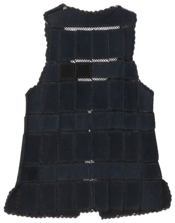 Colete feminino vintage de camurça UK 16 grande patchwork azul marinho