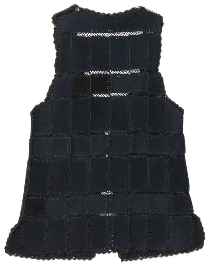 Colete feminino vintage de camurça UK 16 grande patchwork azul marinho