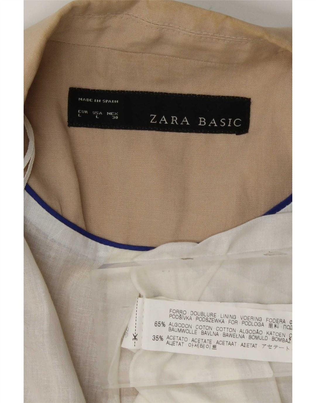 Jaqueta blazer aberta manga 3/4 feminina Zara Reino Unido 14 grande algodão bege